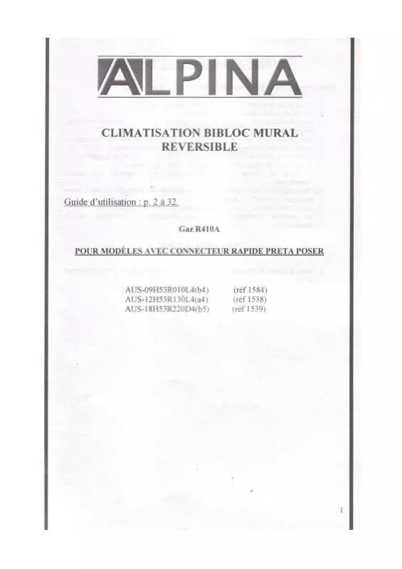 Mode d'emploi ALPINA CLIMATISATION GAZ R410A