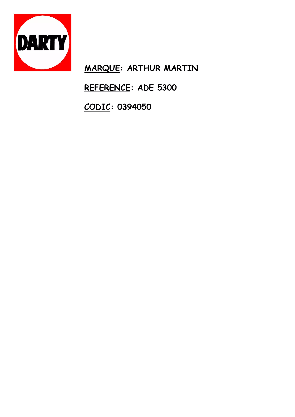 Mode d'emploi ARTHUR MARTIN ADE 5300