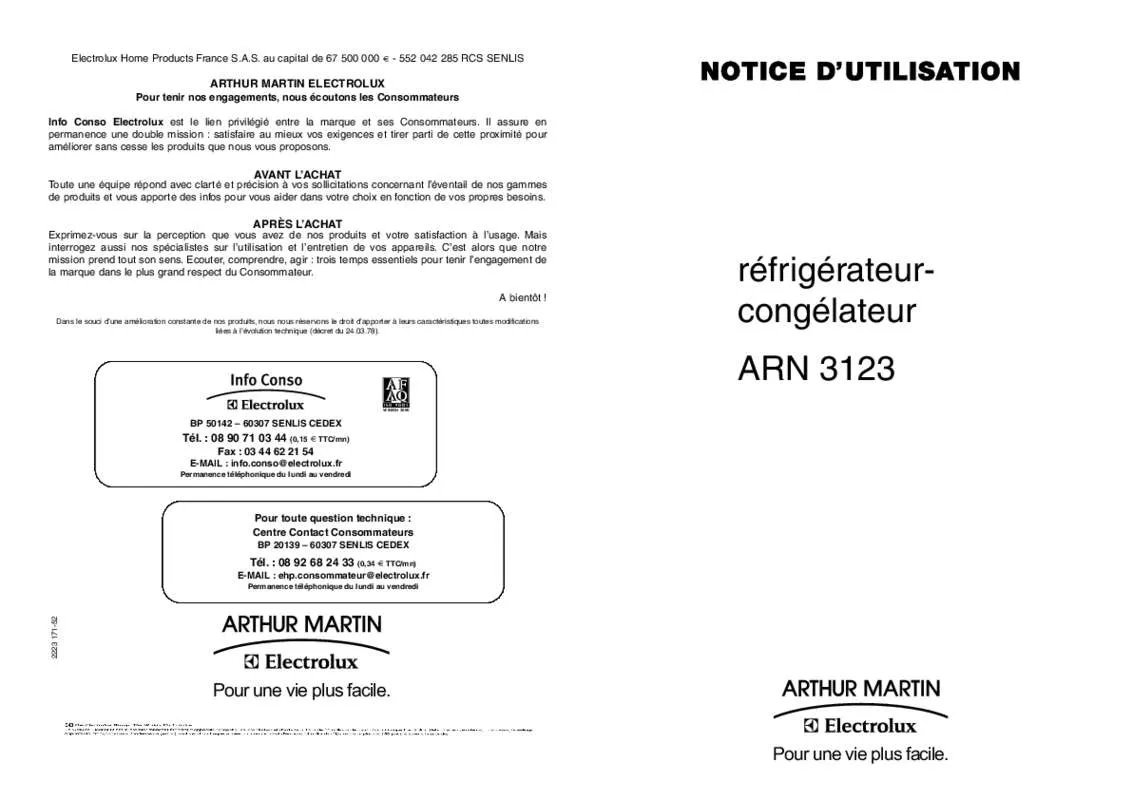 Mode d'emploi ARTHUR MARTIN ARN 3123 & ARN3123