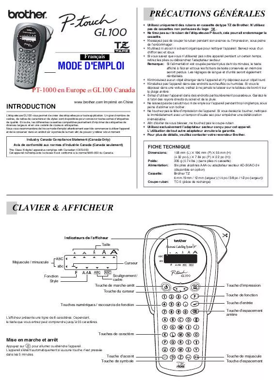 Mode d'emploi BROTHER P-TOUCH GL100