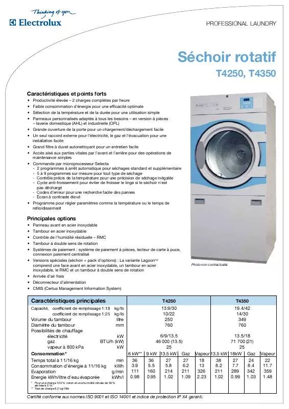 Mode d'emploi ELECTROLUX LAUNDRY SYSTEMS T4350
