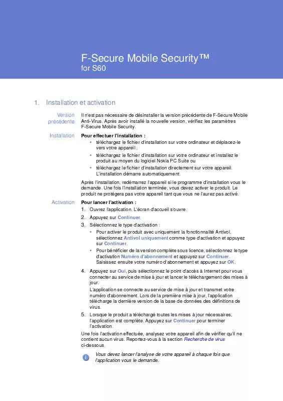 Mode d'emploi F-SECURE MOBILE SECURITY 6 FOR S60