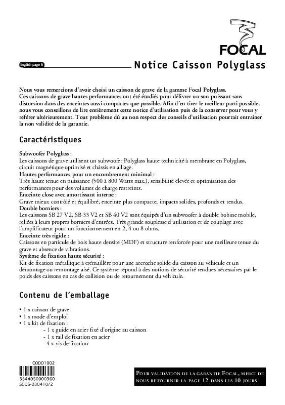 Mode d'emploi FOCAL CAISSON POLYGLASS V2