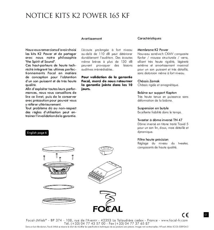 Mode d'emploi FOCAL KIT K2 POWER 165 KF