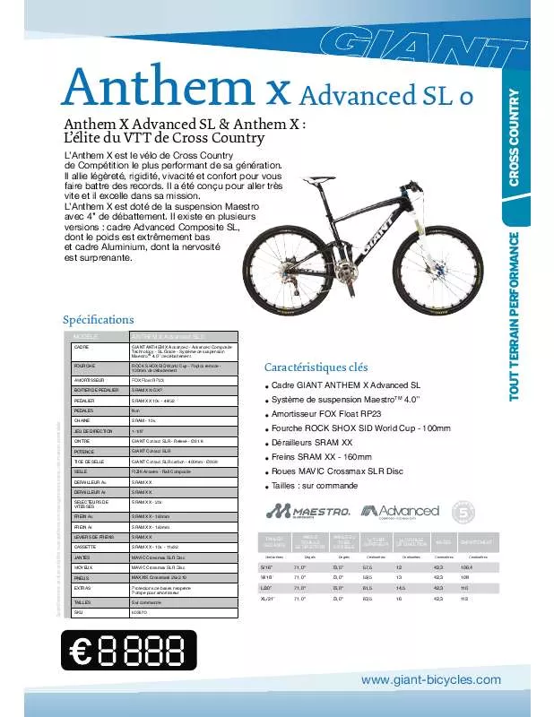 Mode d'emploi GIANT BICYCLES ANTHEM X ADVANCED SL 0