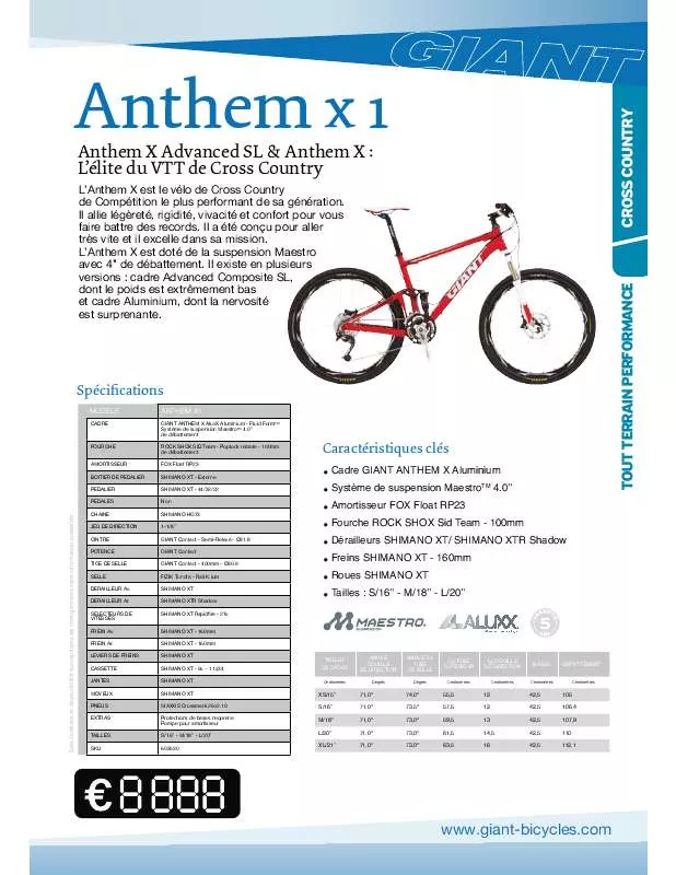 Mode d'emploi GIANT BICYCLES ANTHEM X1