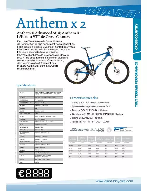 Mode d'emploi GIANT BICYCLES ANTHEM X2