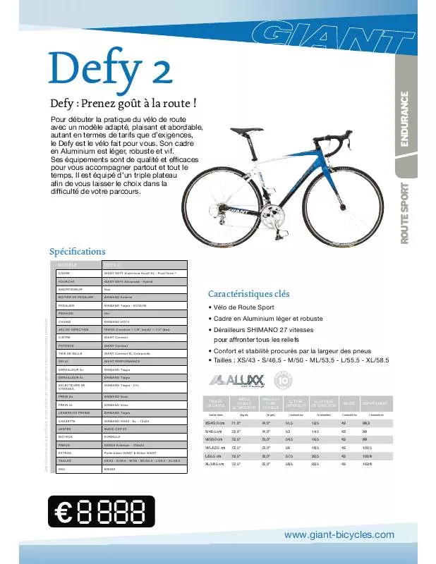 Mode d'emploi GIANT BICYCLES DEFY 2