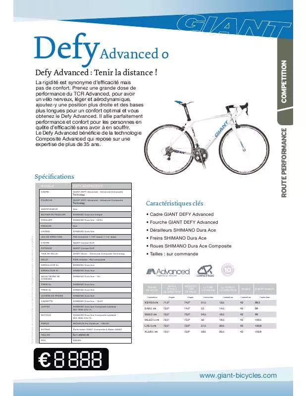 Mode d'emploi GIANT BICYCLES DEFY ADVANCED 0
