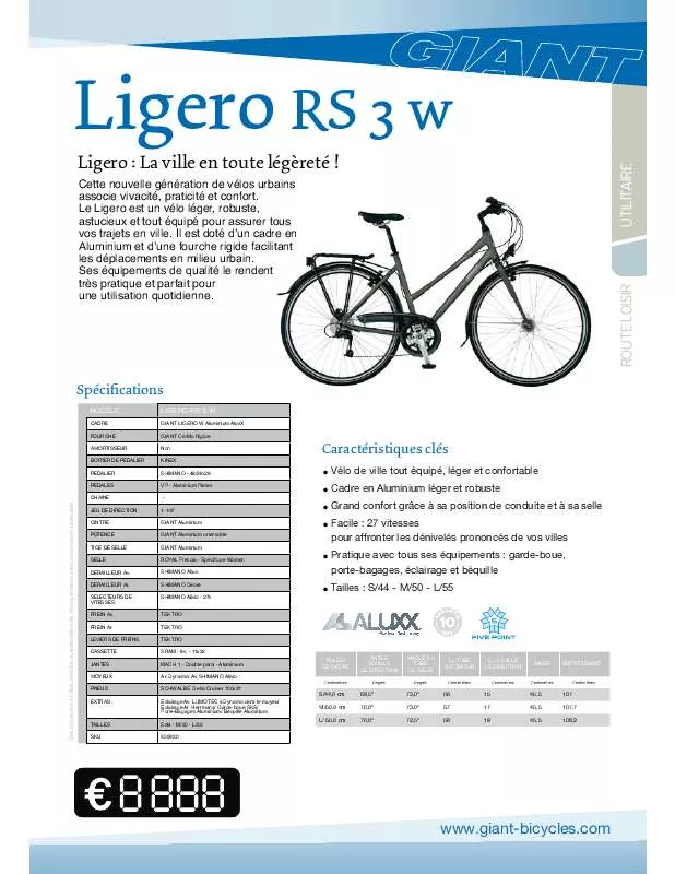 Mode d'emploi GIANT BICYCLES LIGERO RS3 W