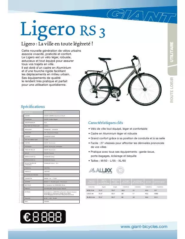 Mode d'emploi GIANT BICYCLES LIGERO RS3