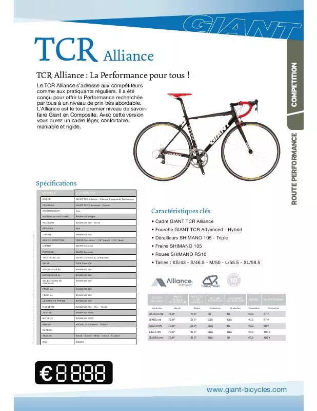 Mode d'emploi GIANT BICYCLES TCR ALLIANCE