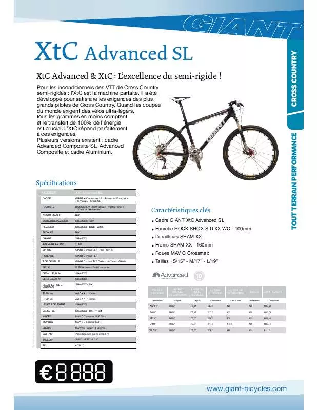 Mode d'emploi GIANT BICYCLES XTC ADVANCED SL