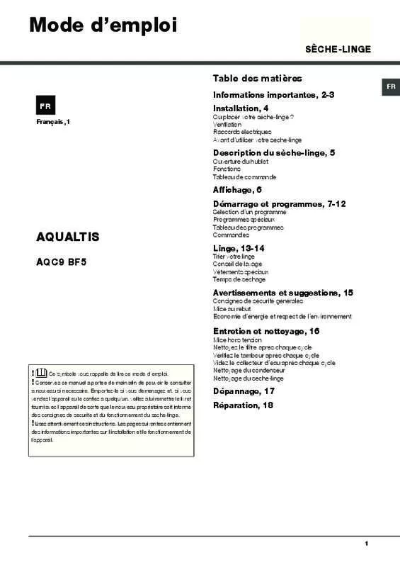 Mode d'emploi HOTPOINT-ARISTON AQC9BF5TZ1