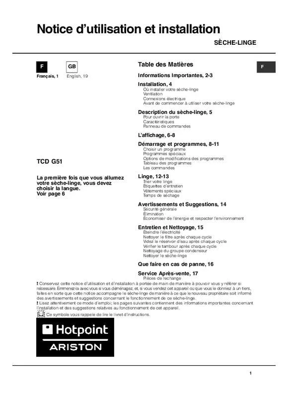 Mode d'emploi HOTPOINT-ARISTON TCDG51XB