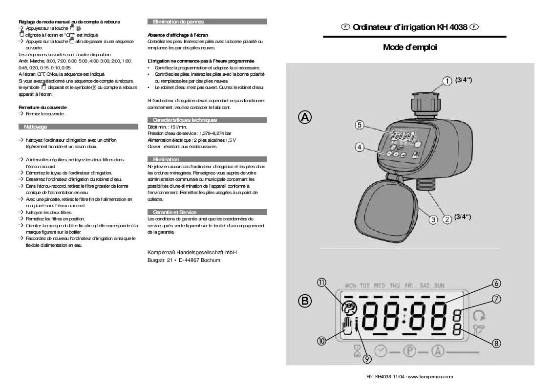 Mode d'emploi KOMPERNASS KH 4038 ORDINATEUR D-IRRIGATION
