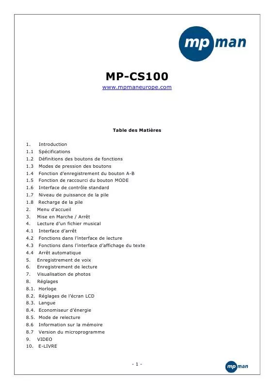 Mode d'emploi MPMAN MP-CS100