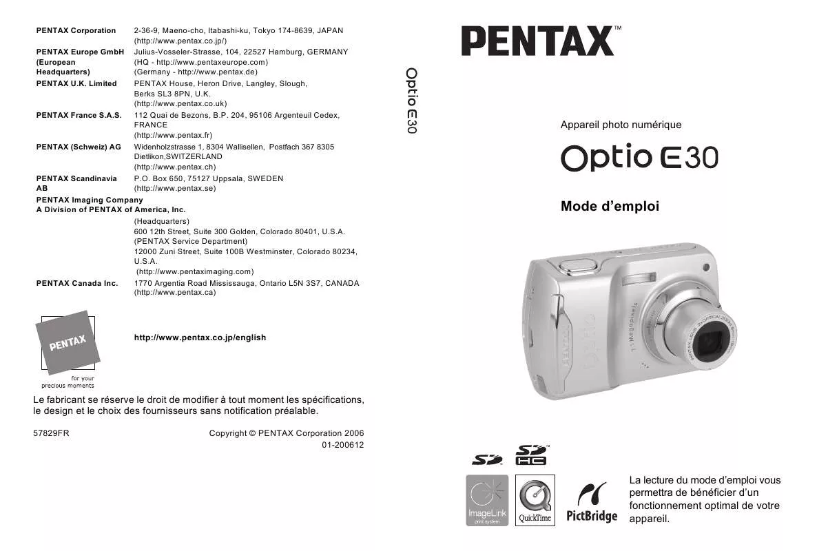 Mode d'emploi PENTAX OPTIO E30
