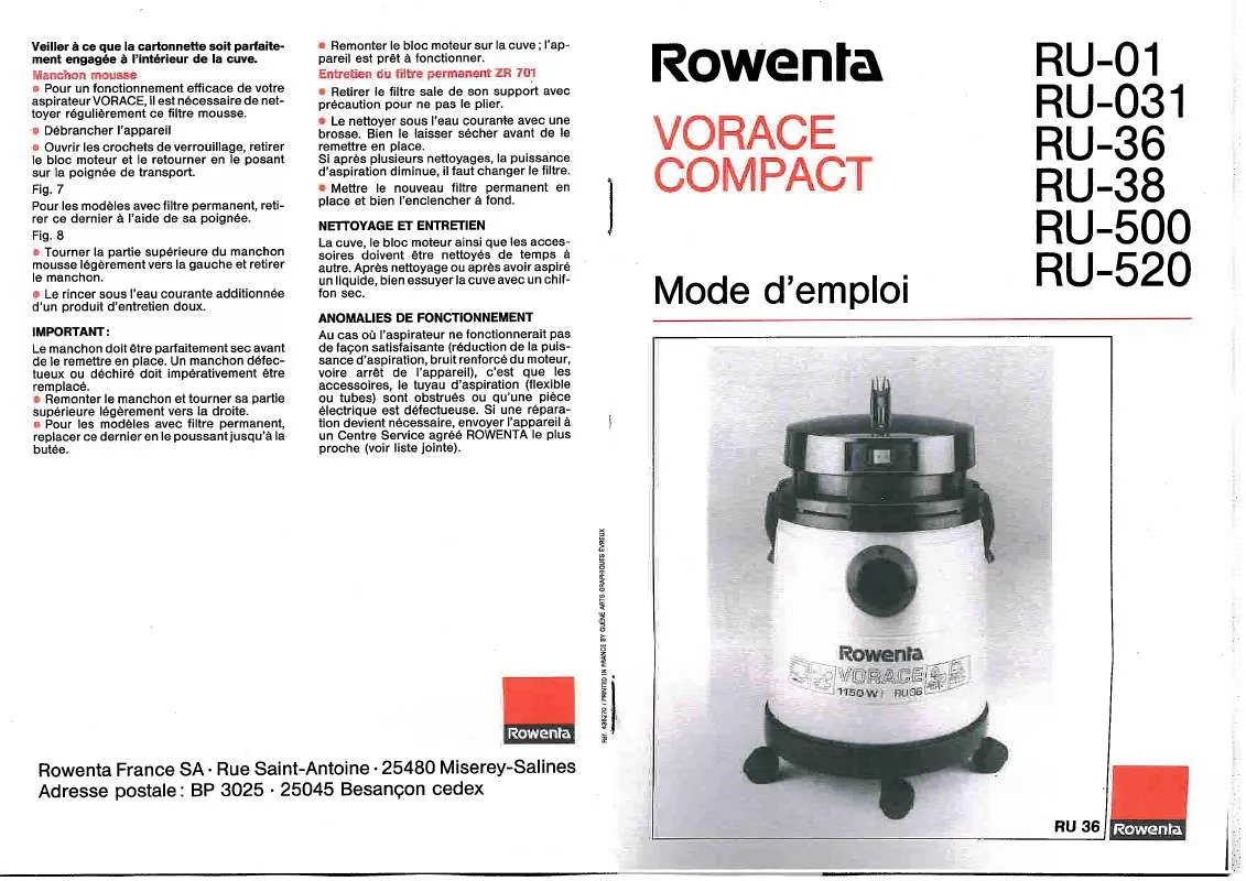 Mode d'emploi ROWENTA RU 031 VORACE COMPACT