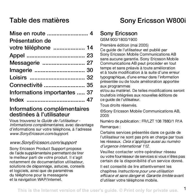 Mode d'emploi SONY ERICSSON W800