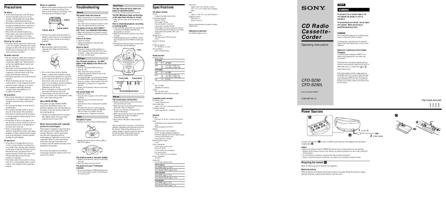 Mode d'emploi SONY CFD-S250L