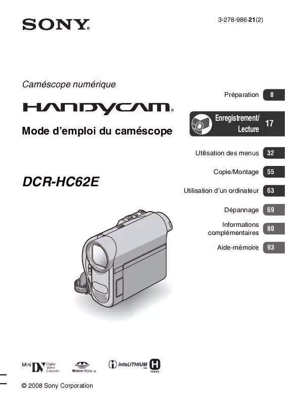 Mode d'emploi SONY DCR-HC62E
