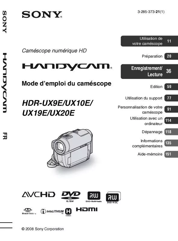 Mode d'emploi SONY HDR-UX10