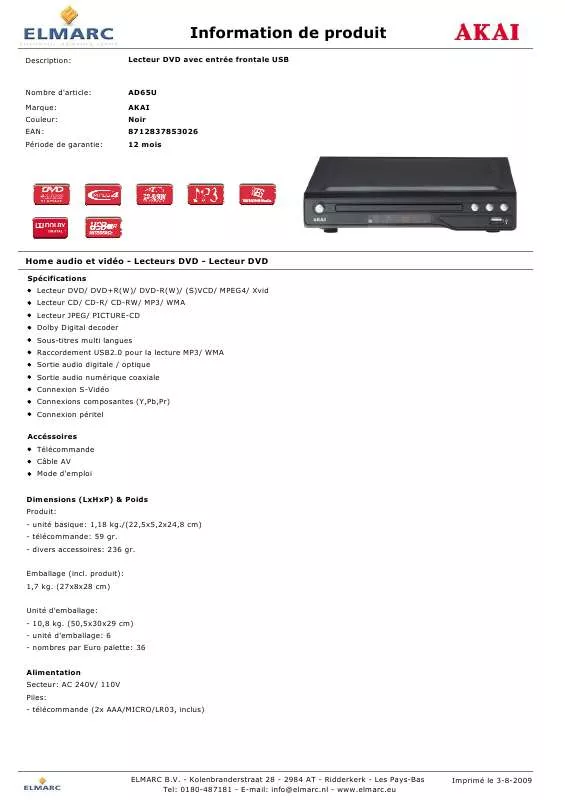 Mode d'emploi AKAI AD65U