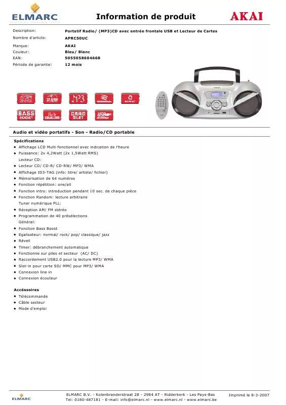 Mode d'emploi AKAI APRC50UC