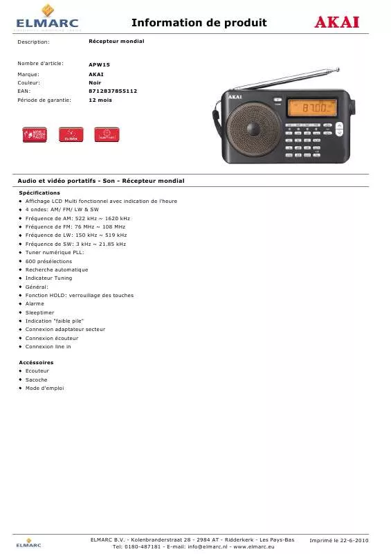 Mode d'emploi AKAI APW15