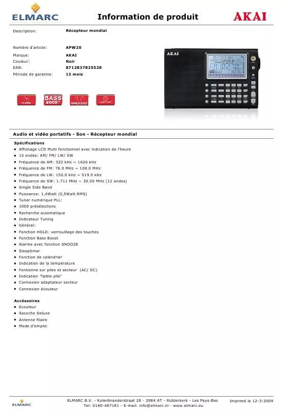 Mode d'emploi AKAI APW20