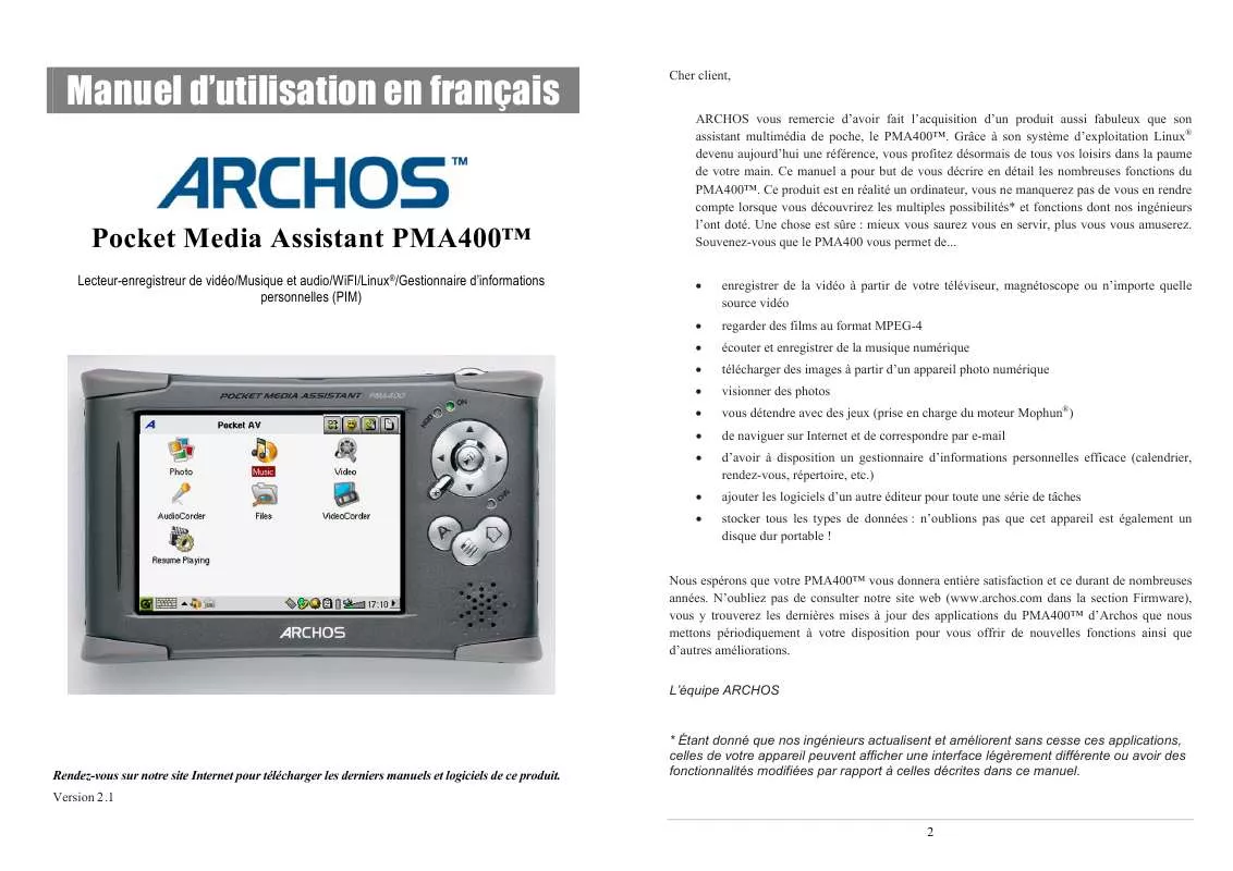 Mode d'emploi ARCHOS PMA 400