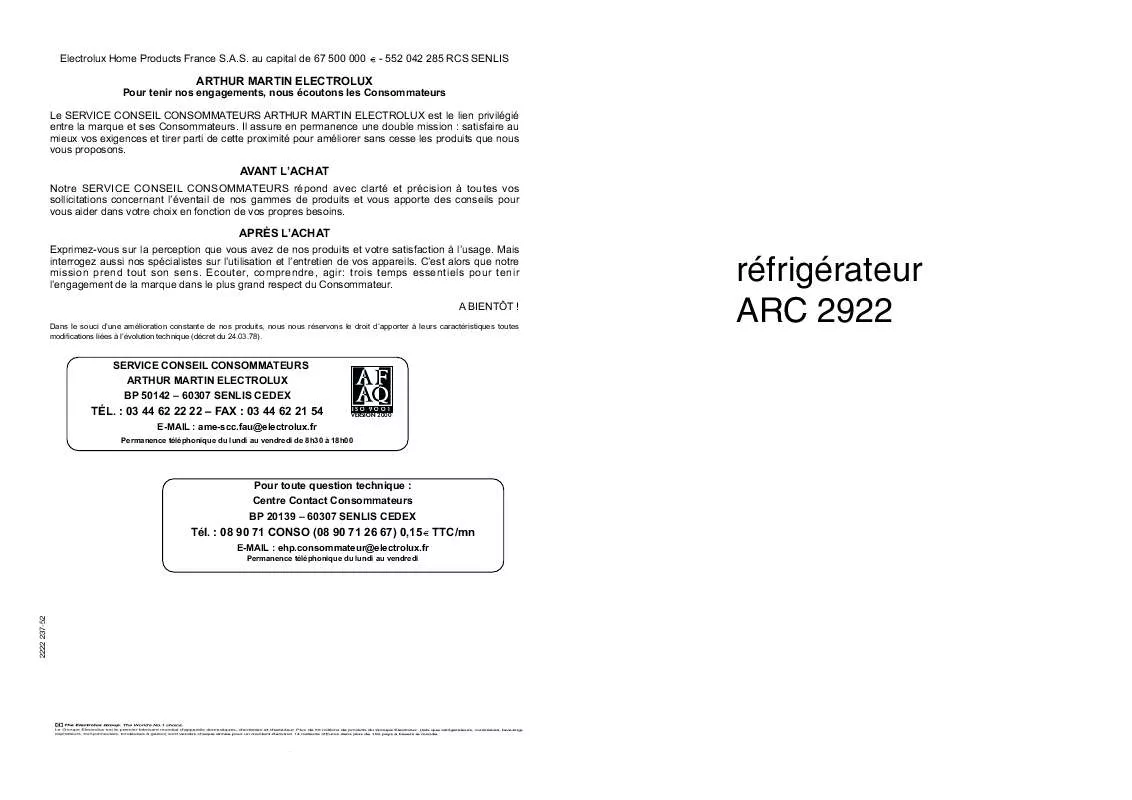 Mode d'emploi ARTHUR MARTIN ARC2922