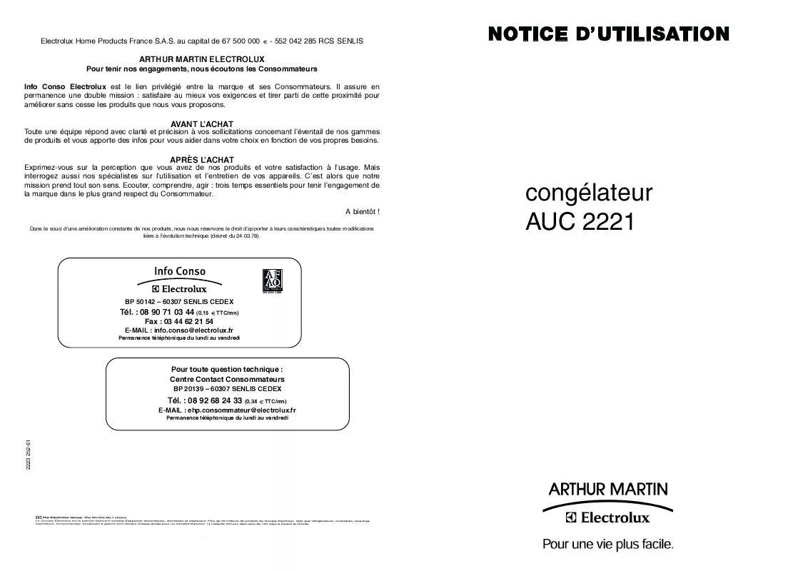 Mode d'emploi ARTHUR MARTIN AUC2221