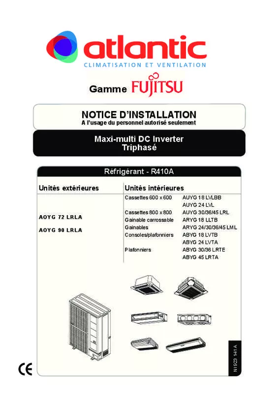 Mode d'emploi ATLANTIC AOYA 90 LALT.UE UNITE EXTERIEURE GAINABLE INVERTER 25 K-WATTS