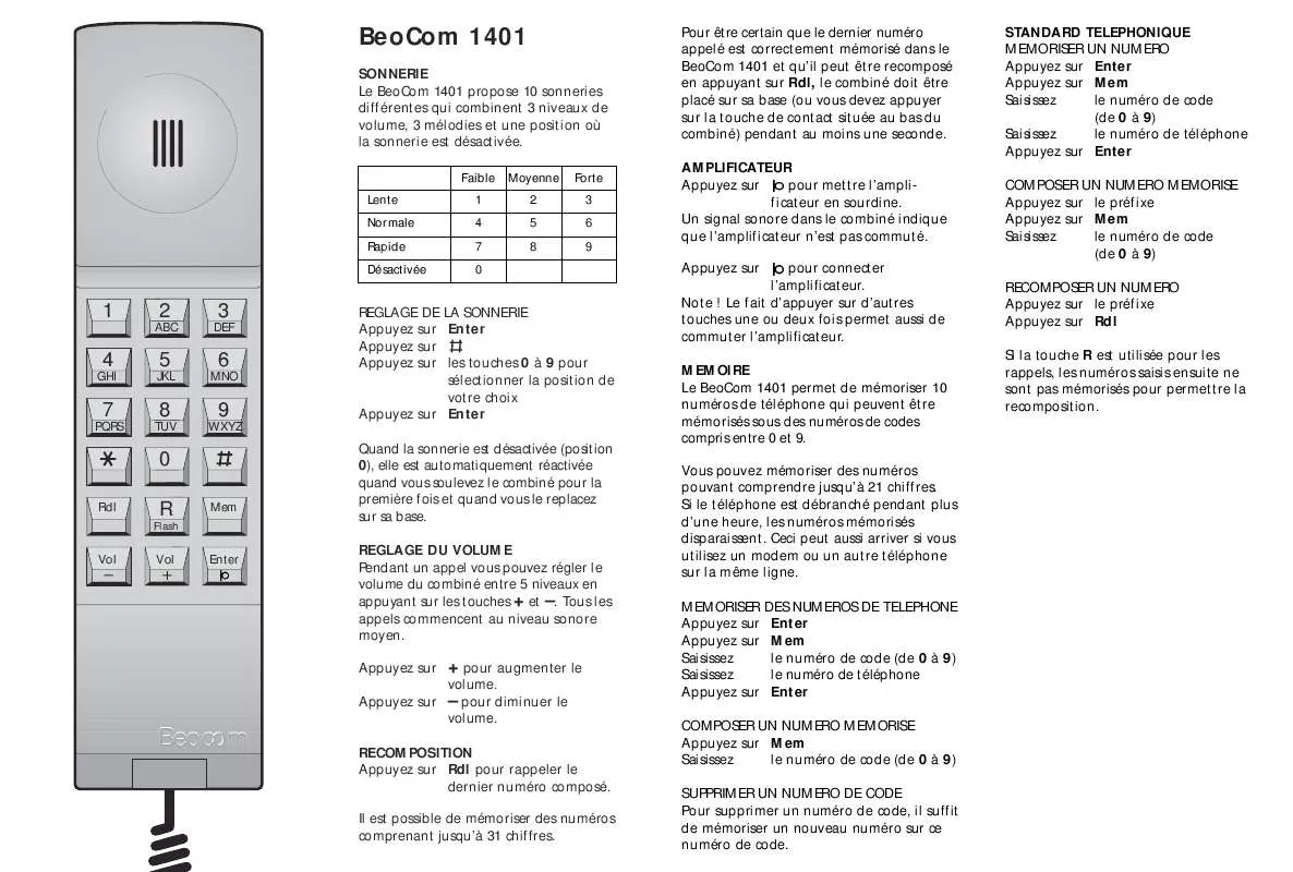 Mode d'emploi BANG & OLUFSEN BEOCOM 1401