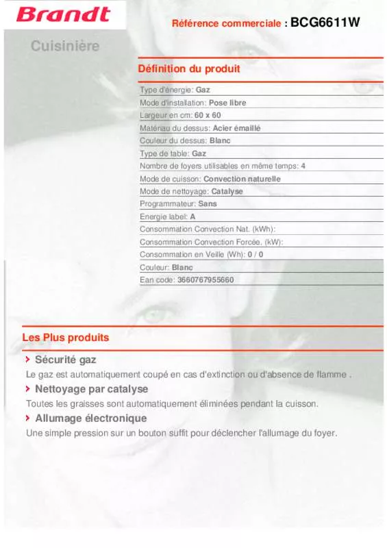 Mode d'emploi BRANDT BCG6611W