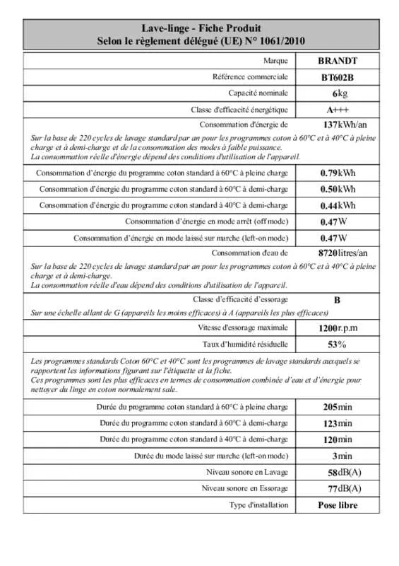 Mode d'emploi BRANDT BT602B