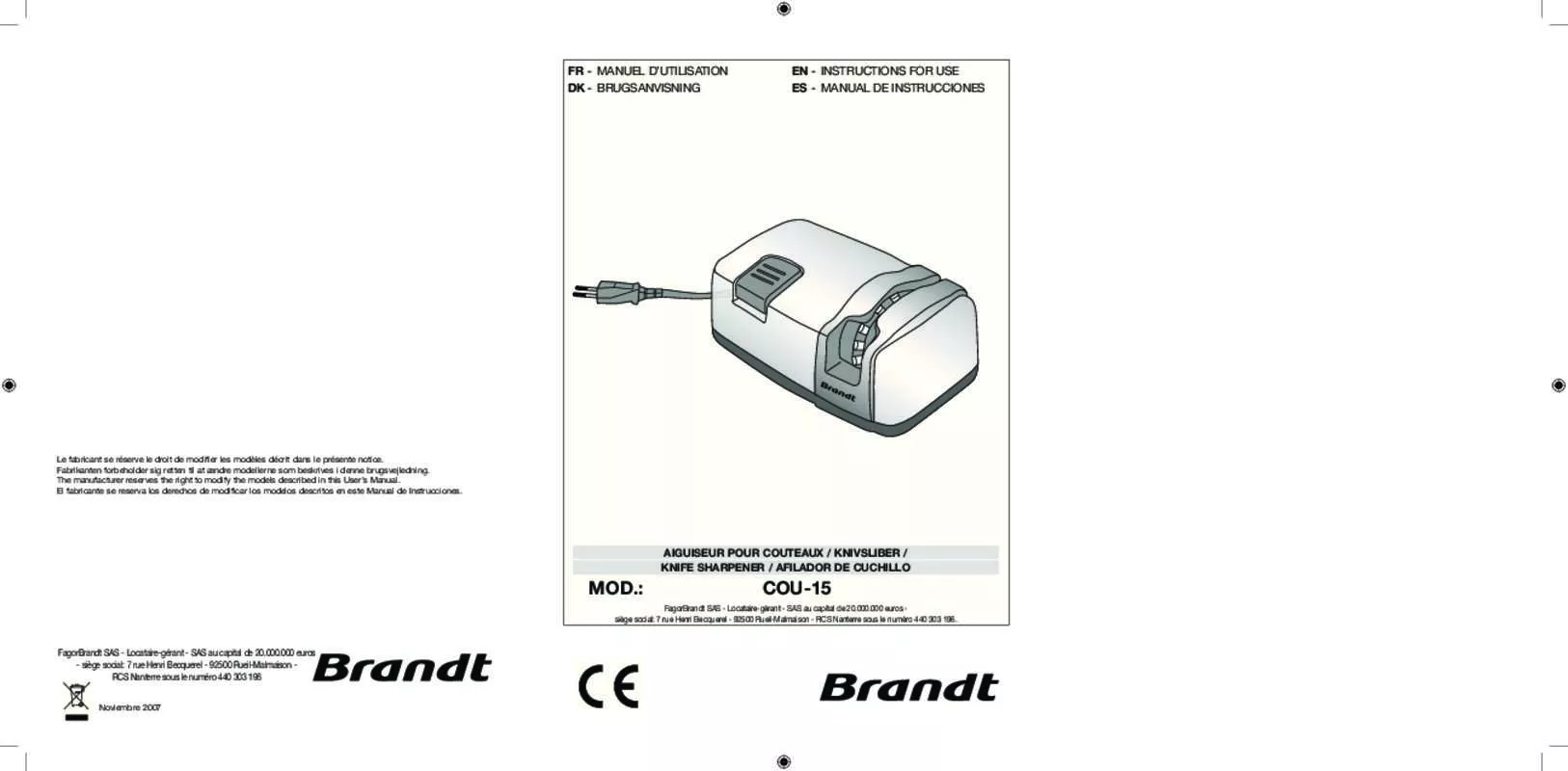 Mode d'emploi BRANDT COU-15