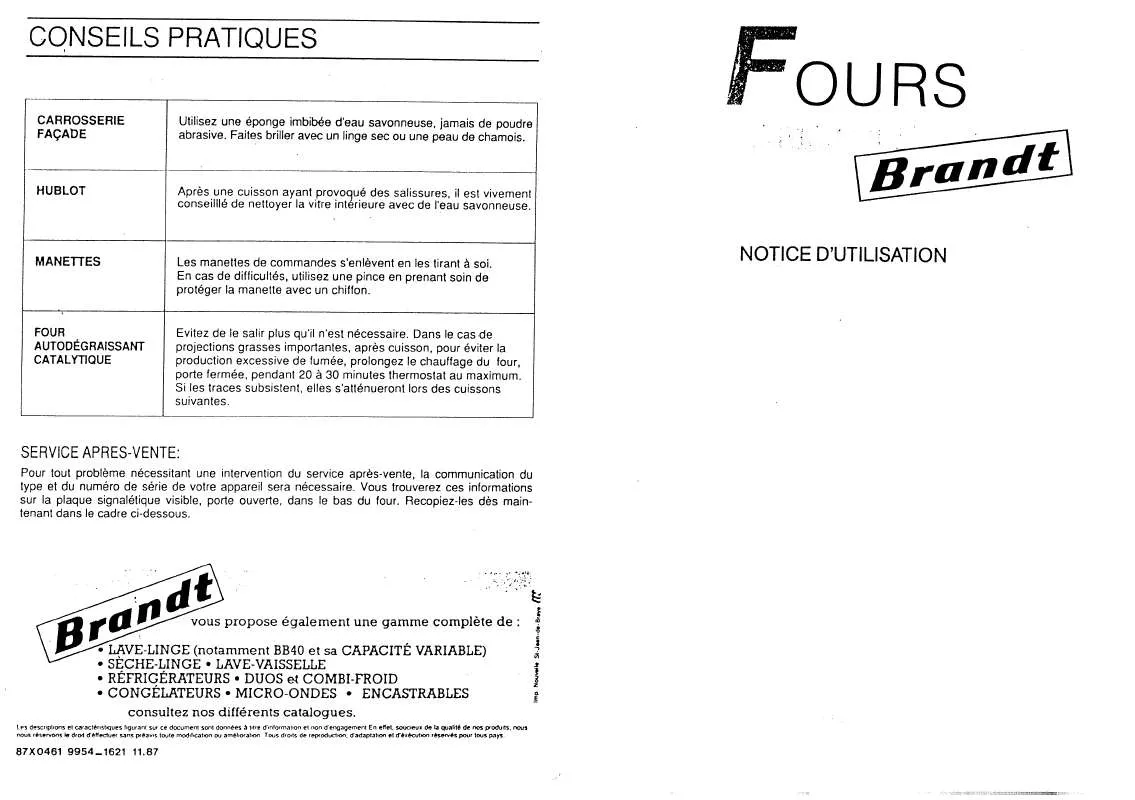 Mode d'emploi BRANDT FCA791B