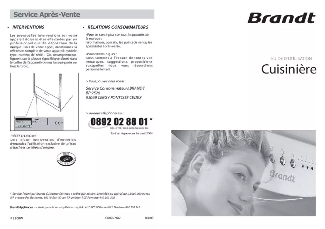 Mode d'emploi BRANDT KE900W