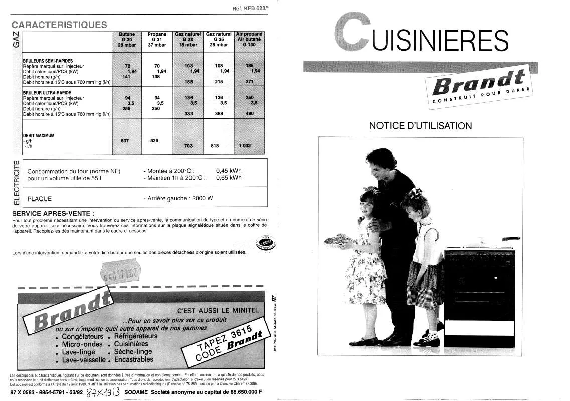 Mode d'emploi BRANDT KFB628