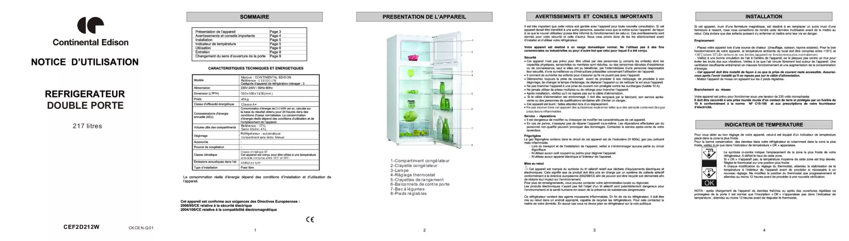 Mode d'emploi CONTINENTAL EDISON CEF2D212W