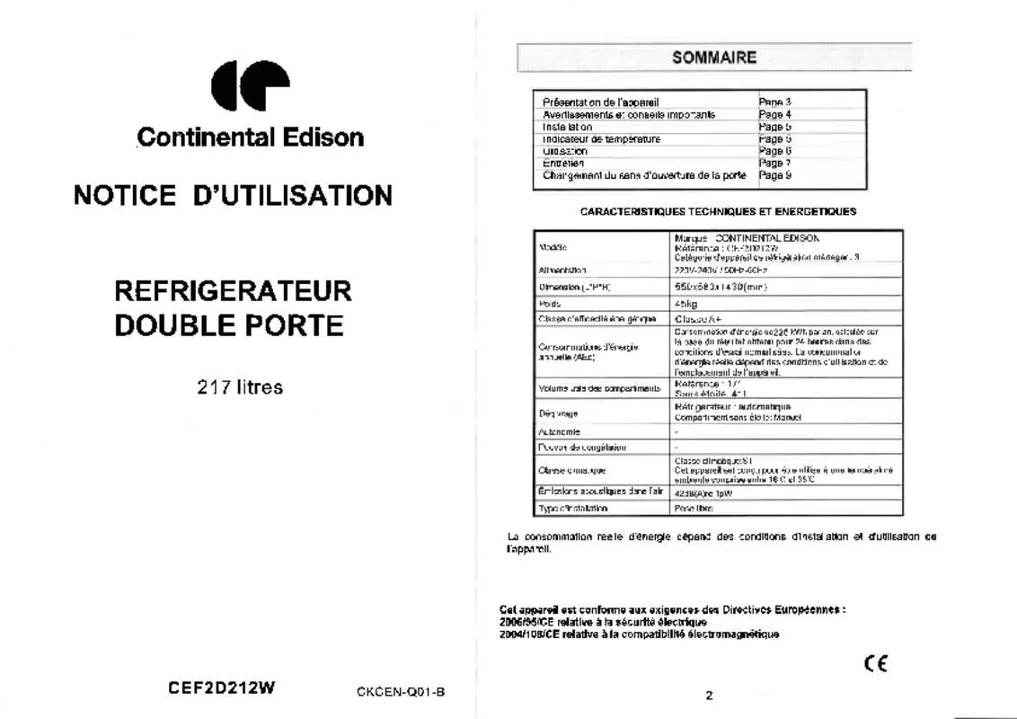 Mode d'emploi CONTINENTAL EDISON F2D212W