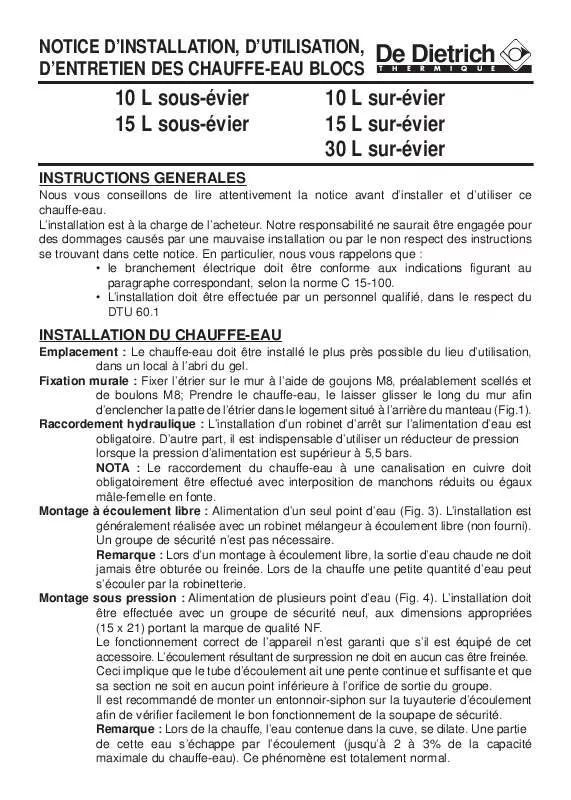 Mode d'emploi DE DIETRICH 15 L SOUS-EVIER