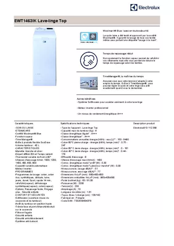 Mode d'emploi ELECTROLUX EWT1463IK