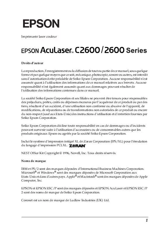 Mode d'emploi EPSON ACULASER 2600