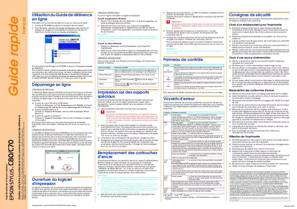 Mode d'emploi EPSON STYLUS C70