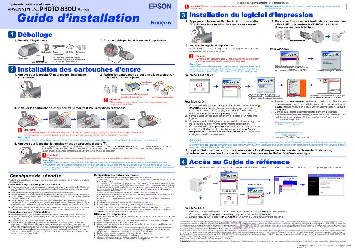 Mode d'emploi EPSON STYLUS PHOTO 830U