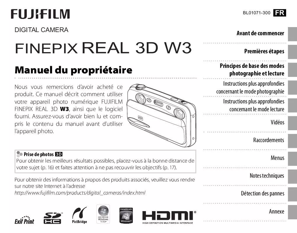 Mode d'emploi FUJIFILM FINEPIX REAL 3D W3